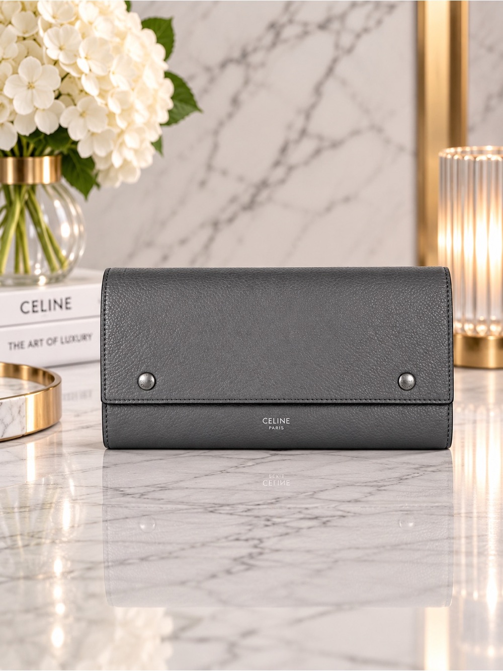 CELINE Gray Leather Long Flap Wallet with Light Blue Interior Full Inclusion